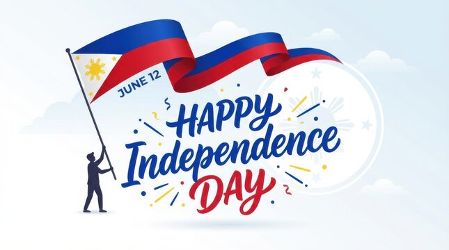 philippines flag for independence day on white background with waving ribbon flag and date - Powered by Adobe