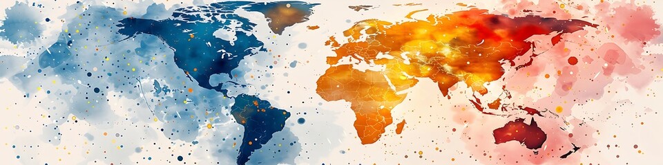 Panoramic World Map Illustration Showing Global Warming Effects With Hot and Cold Colors
