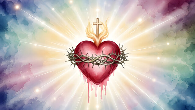 Spiritual watercolor art portraying the Sacred Heart illuminated by gentle holy light, expressing divine love, mercy, and serene devotion through a soft symbolic religious composition