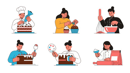 Bakers Decorating Cakes and Cupcakes A Set of Flat Illustrations for Culinary Businesses