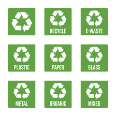 Garbage segregation. Waste separate, classification and recycling for different types of waste - plastic, paper, glass, metal, organics and others