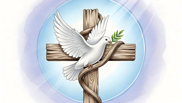 Watercolor illustration of a sacred Christian cross accompanied by a gentle dove of peace, symbolizing spiritual hope, divine grace, and harmonious faith rendered in a soft hand-painted