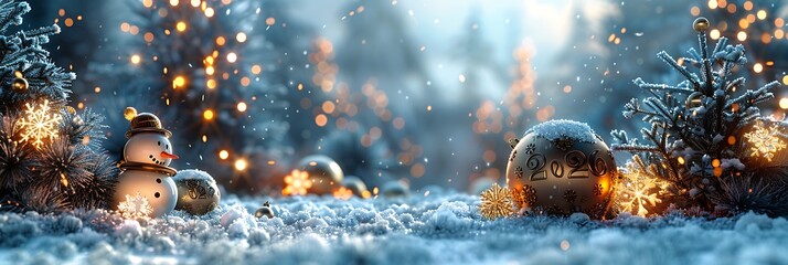 Panoramic Winter Wonderland with Snowman and Festive Ornaments