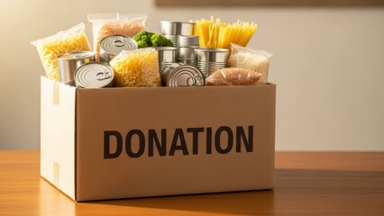 Cardboard box with donation label filled with food items. Food aid concept for charity and hunger relief. Help and support for community.