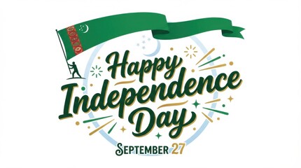 turkmenistan flag for independence day on white background with waving ribbon flag and date