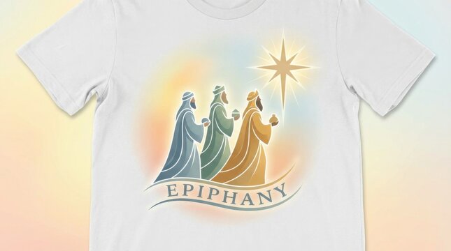 clean epiphany western christian t-shirt print template illustration template featuring three abstract figures walking toward a bright star on soft gradient background with gentle glow