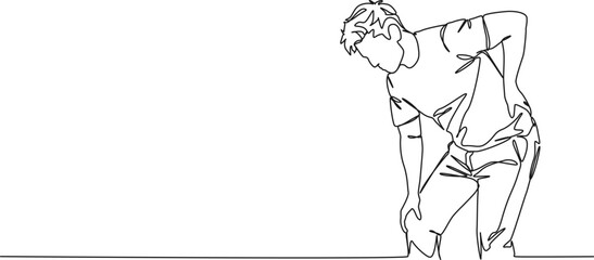 continuous line drawing of man suffering from backpain, side view, line art vector illustration