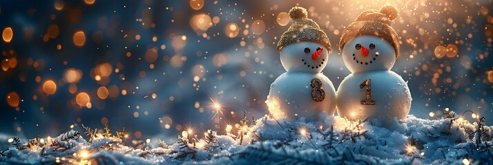 Panoramic Snowman Couple Illuminated by Festive Bokeh Lights