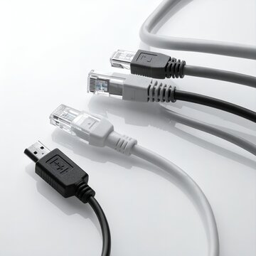 Close-up of various network and HDMI cables on a white background, highlighting connectivity.