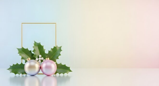 Elegant christmas ornaments with holly and golden frame on soft gradient background - Powered by Adobe