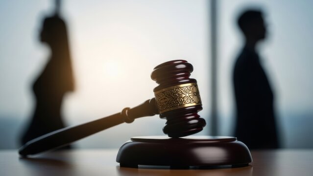 Gavel on a wooden table with silhouettes of a woman and man in the background, symbolizing divorce, separation, and legal proceedings.
