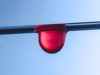 Vibrant red liquid drop suspended from a clear glass tube against a clean light blue gradient background, science concept.