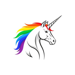 Majestic white unicorn head profile illustration featuring a vibrant rainbow mane and spiraled horn design