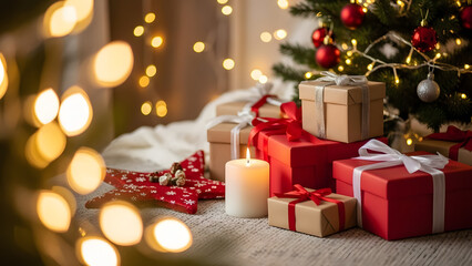 Festive Christmas gifts and a glowing candle placed near a decorated tree, perfect for holiday celebrations