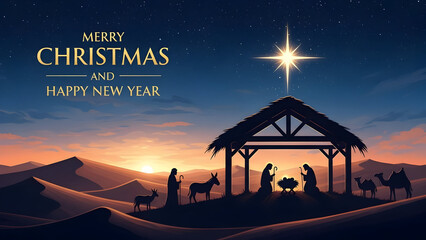 Silhouette of a Nativity Stable in the Desert at Night, Evoking the Sacred Birth of Christ with a Merry Christmas and Happy New Year Theme Under a Starry Sky