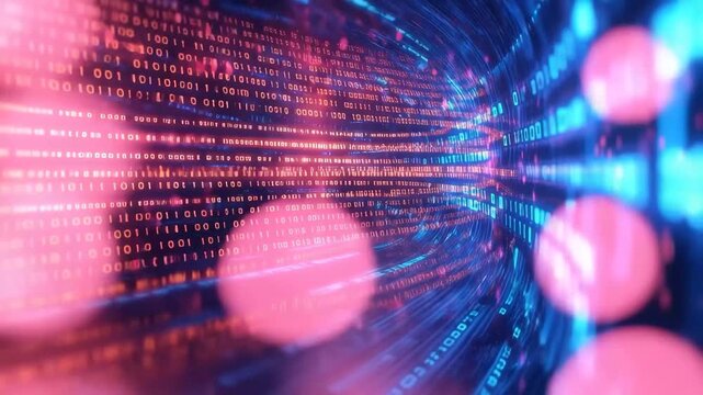 Digital Data Stream: A captivating display of binary code streams through a futuristic tunnel. Capturing the essence of innovation and technological advancement. 