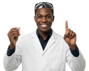 Smiling African American Scientist Pointing Up: Research Breakthrough