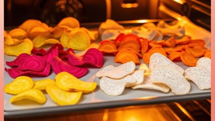 Variety of colorful vegetable chips on a baking sheet cooking in an oven. Healthy snack, homemade, and natural food concept.