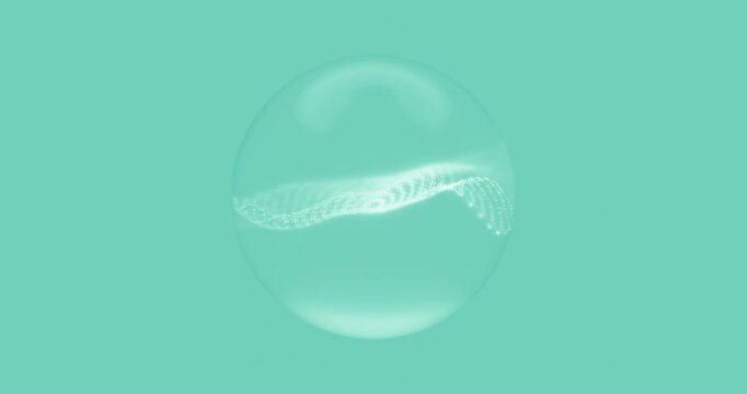 Futuristic abstract orb with glowing particle waves on green background. AI technology concept. 4k seamless loop animation.