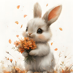  Sweet fluffy white rabbit holding a charming small bunch of orange blossoms with delicate petals falling against a bright gentle background