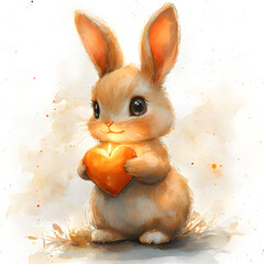  Adorable fluffy bunny rabbit holding a glowing orange heart against a watercolor painted background