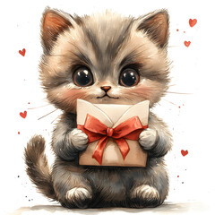  Adorable watercolor kitten holding a tiny love letter with a red bow and floating hearts