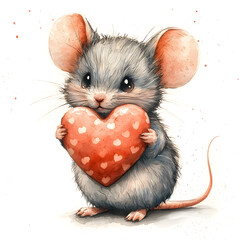  Cute little mouse holding red heart with small hearts on white background