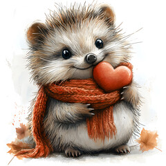  Adorable woodland hedgehog wearing a knitted scarf and holding a red heart with scattered autumn leaves
