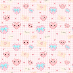 Fototapeta premium Cute Valentine Seamless Pattern with Pink Hearts, Love Letters and Blue Bowsพ๓