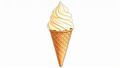 Illustration of a classic vanilla soft-serve ice cream cone, showcasing its creamy texture and crisp golden waffle cone, a delightful refreshing treat for summer days