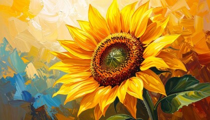 Vibrant sunflower head rendered in expressive oil painting style, showcasing thick impasto brushstrokes and a rich palette of yellow, orange, and blue hues, celebrating nature's radiant beauty