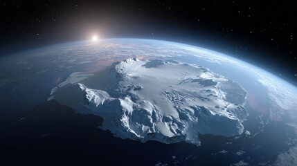 Naklejka premium Observation of Antarctica's expansive ice sheet from space reveals a stunning landscape bathed in sunlight, showcasing the icy terrain and the curve of Earth below