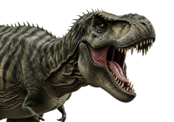 Hyperdetailed, robust tyrannosaurus rex, mottled green skin, captured in an extreme close-up studio shot mid-aggressive roar on white copy space. Concept of ancient danger