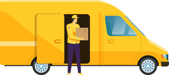 Delivery man carrying package from yellow van