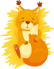 Cartoon squirrel sleeping peacefully on a yellow background