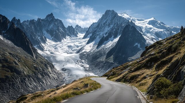 A super realistic, wide-angle image capturing a scenic journey on a winding, empty road that cuts through a magnificent landscape of rugged, colossal mountains and a shimmering glacier. - Powered by Adobe