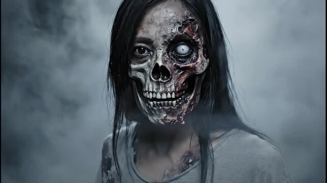 Creepy female zombie with a horrifying skull face and one white eye turning to stare menacingly at the camera, emerging from a dense, spooky fog in a post apocalyptic world