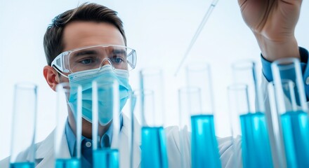 Male scientist in protective gear pipetting liquid into test tubes
