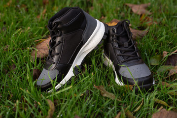 Pair of black and gray sneakers on lush grass, perfect for outdoor wear and everyday fitness. Modern shoes with comfortable, breathable panels ideal for park strolls, waterproof