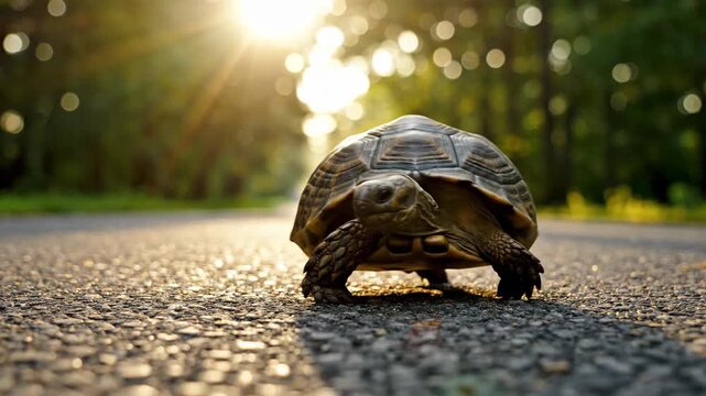 Small turtle slowly walks across asphalt road with sunlight in background