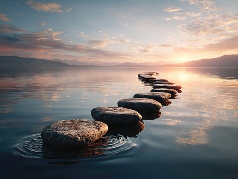 Curved line of smooth stepping stones gently rippling through a tranquil lake at sunrise, creating a serene natural scene of calm progression, balance, and reflection