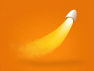 Minimal white rocket emitting a smooth glowing yellow trail across a bright orange background, creating a clean modern visual of motion, optimism, and upward momentum