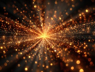 Fototapeta premium Radiant golden particles exploding outward from a bright central point, creating a dynamic energetic visual of motion, sparkle, and vibrant luminous expansion in space