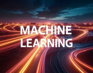 Machine Learning Concept Text Overlay on Futuristic Orange Light Trails and Digital Data Flow Background