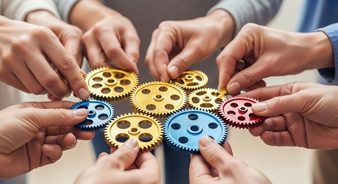 Collaborative effort of diverse hands assembling mechanical gears in unity