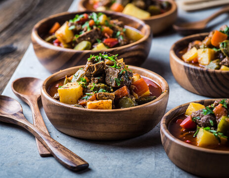 Guiso de verduras y legumbres servido en cuencos de madera, comida saludable estilo r&uacute;stico