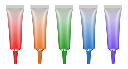 Set of metal tubes with long nozzle. Orange, red, green, purple and blue tubes. Cosmetic packaging. Serum or ointment. Gel or cream. Pin point nozzle. Gradient shades