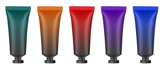 Set of screw cap tubes. 3d mockup. Gradient teal, orange, red, purple, and blue colors. Concealer or foundation. Salve or ointment. Black cap. Plastic bottle