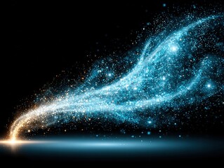 A sweeping burst of radiant blue stardust rising from a bright point of origin, creating a magical flowing trail of light, motion, and celestial sparkling energy