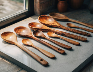 Colecci&oacute;n de cucharas de madera alineadas en encimera de cocina r&uacute;stica